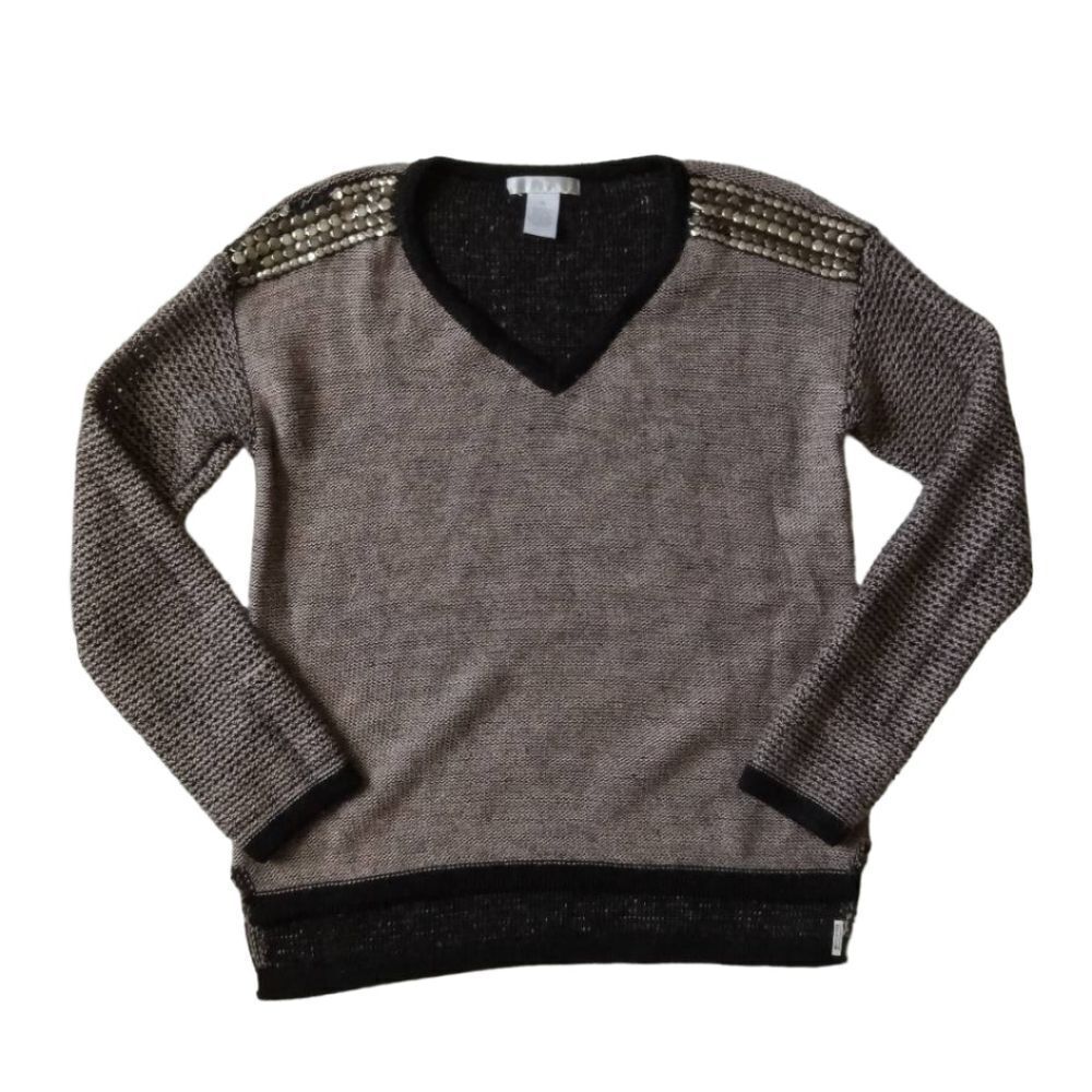 Design History Marled Wool Blend Studded Shoulder Knit Vneck Pullover Sweater